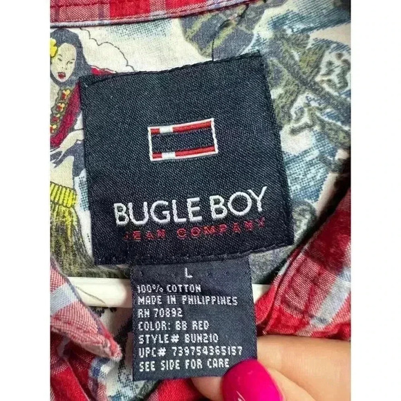 Bugle Boy Vintage Men's Large Plaid Denim Pocket Hawaiian Flowers Shirt 90s - Picture 5 of 9